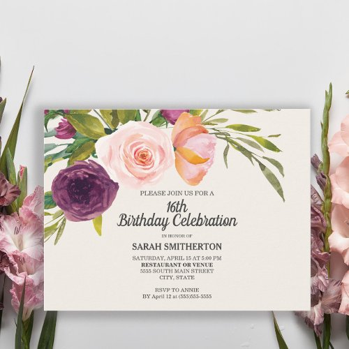 Purple Peach Watercolor Floral Ivory 16th Birthday Postcard