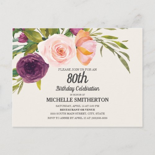 Purple Peach Watercolor Floral Ivory 80th Birthday Postcard