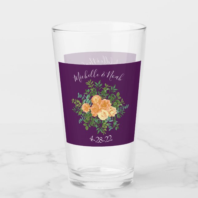 Purple Peach Wedding Floral Roses Glass (Front)