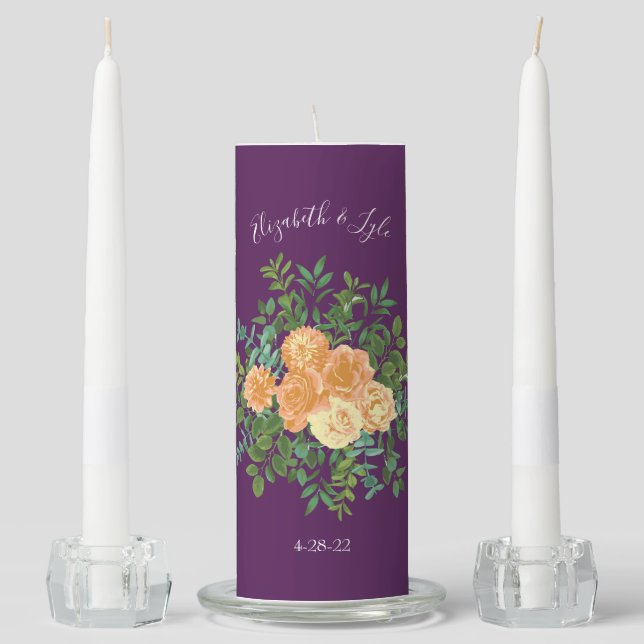Purple Peach Wedding Floral Roses Unity Candle Set (Front)