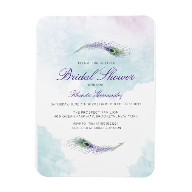 Purple Peacock Bridal Shower Invitation Magnet (Vertical)