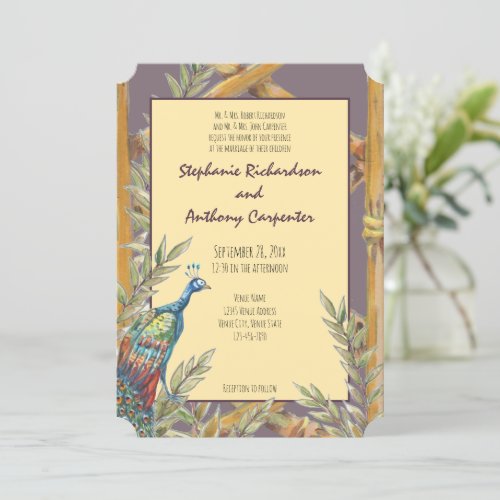 Purple Peacock Chinoiserie Watercolor Wedding Invitation