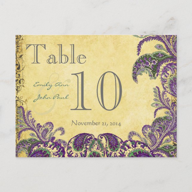 Purple Peacock Colors Paisley Wedding Table Number (Front)