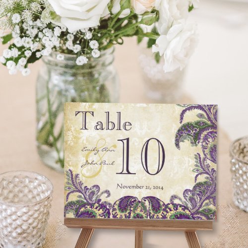 Purple Peacock Colors Paisley Wedding Table Number