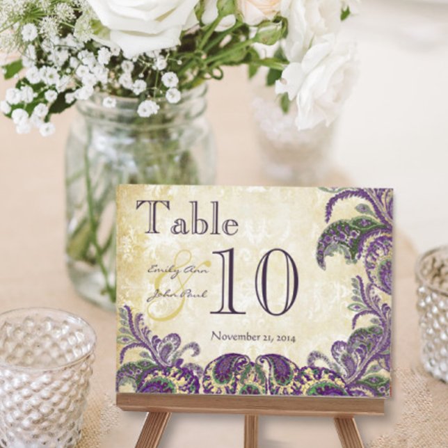 Purple Peacock Colors Paisley Wedding Table Number (Creator Uploaded)