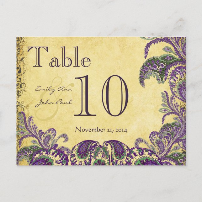 Purple Peacock Colors Paisley Wedding Table Number (Front)