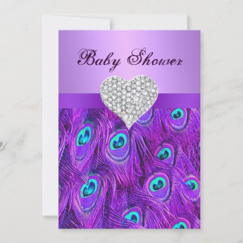 Purple Peacock Diamond Heart Baby Shower Invite