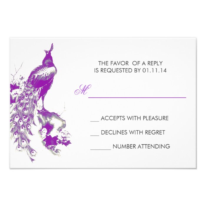 purple peacock drawing wedding RSVP cards
