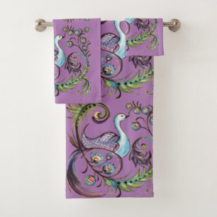 Purple Peacock Exotic Turquoise Scroll Chinoiserie Bath Towel Set