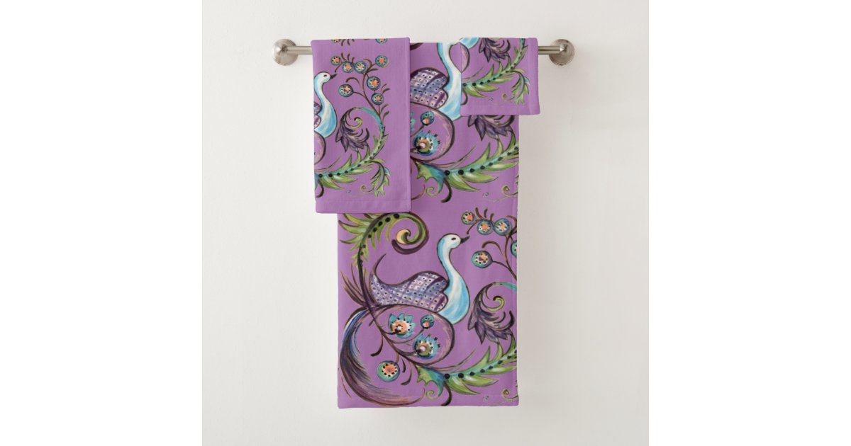 Purple Peacock Exotic Turquoise Scroll Chinoiserie Bath Towel Set