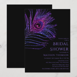 Purple Peacock Feather Faux Glitter Bridal Shower Invitation