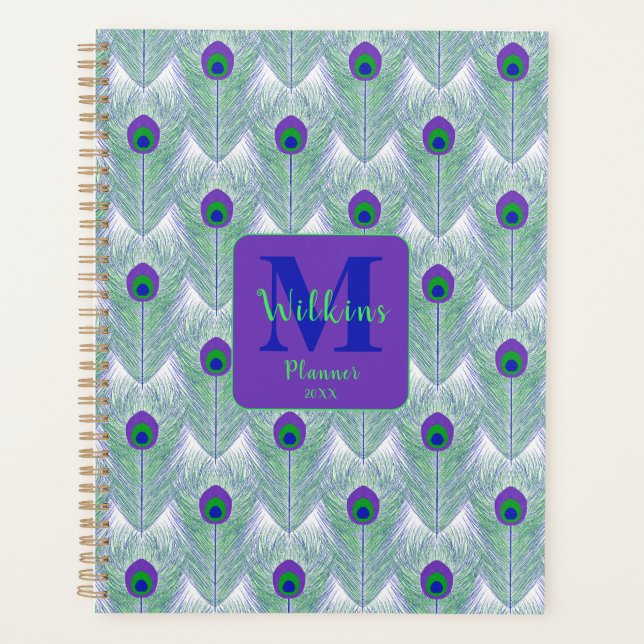 Purple Peacock Feather Green Blue Art Decor Planner (Front)