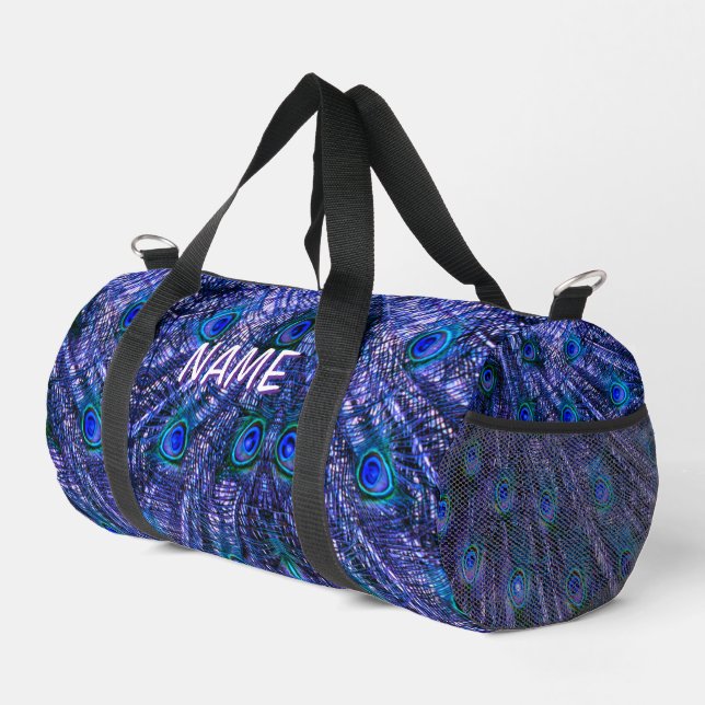 Purple Peacock Feathers Duffle Bag (Right Corner)
