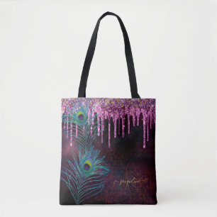 Purple Peacock Feathers Glitter Drip Monogram Name Tote Bag