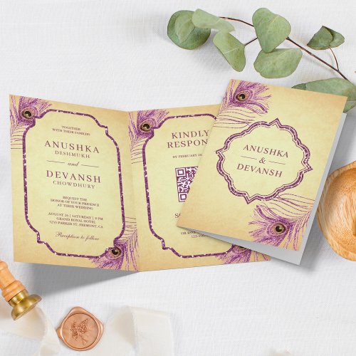 Purple Peacock Feathers QR Code Indian Wedding Invitation