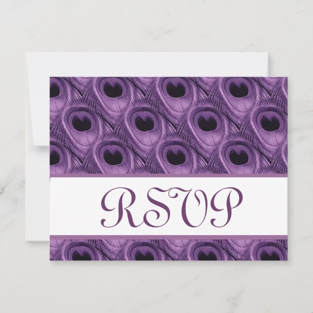 Purple Peacock Feathers RSVP Wedding Response Card (Front)
