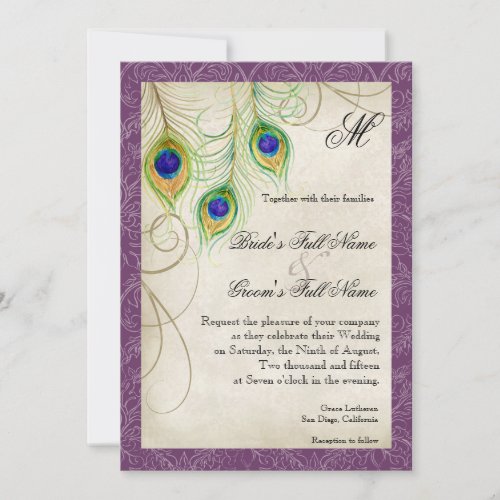 Purple Peacock Feathers Watercolor Vintage Wedding Invitation