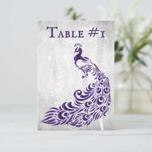 Purple Peacock Leaf Vine Table Card (Standing Front)