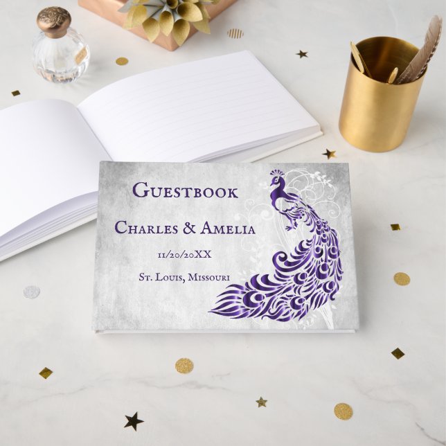 Purple Peacock Leafy Vine Wedding Guestbook (Front Open)
