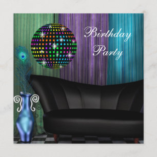 Purple Peacock Mirror Ball Disco Birthday Party Invitation