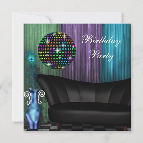 Purple Peacock Mirror Ball Disco Birthday Party Invitation