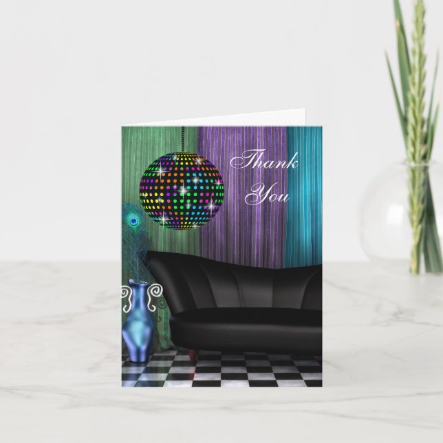 Purple Peacock Mirror Ball Thank You Cards (Front)