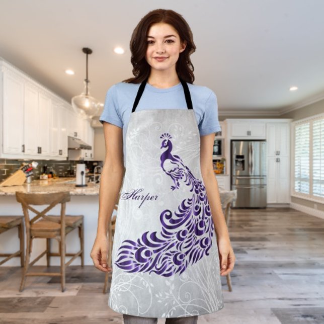 Purple Peacock Personalize Print Apron (Purple Peacock Personalized Apron)