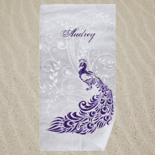 Purple Peacock Personalized Beach Towel
