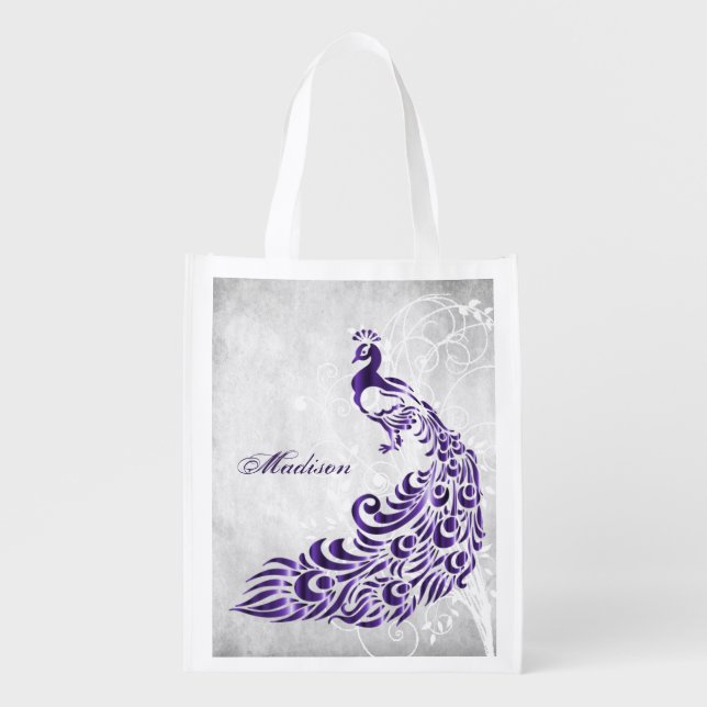 Purple Peacock Personalized Grocery Bag (Front)