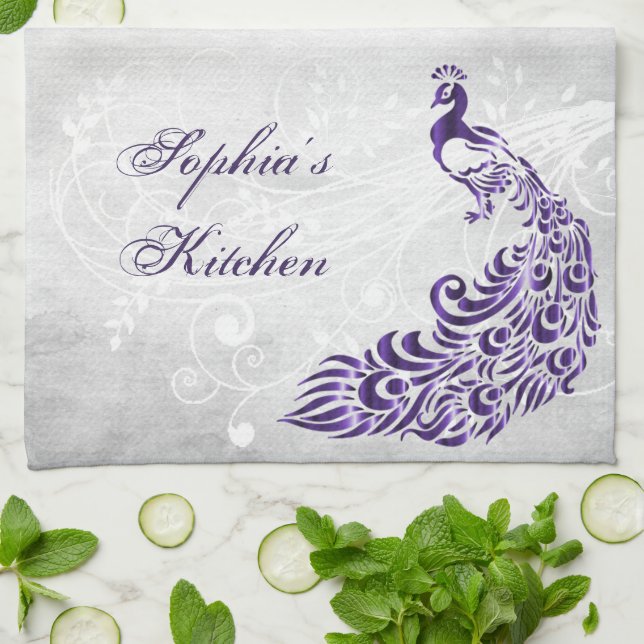 Purple Peacock Personalized Kitchen Towel (Folded)