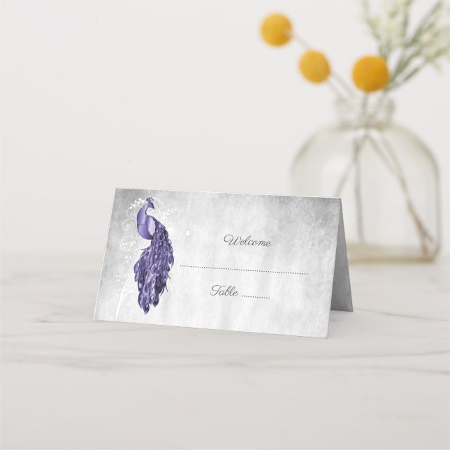 Purple Peacock Reception Place Card (Front)