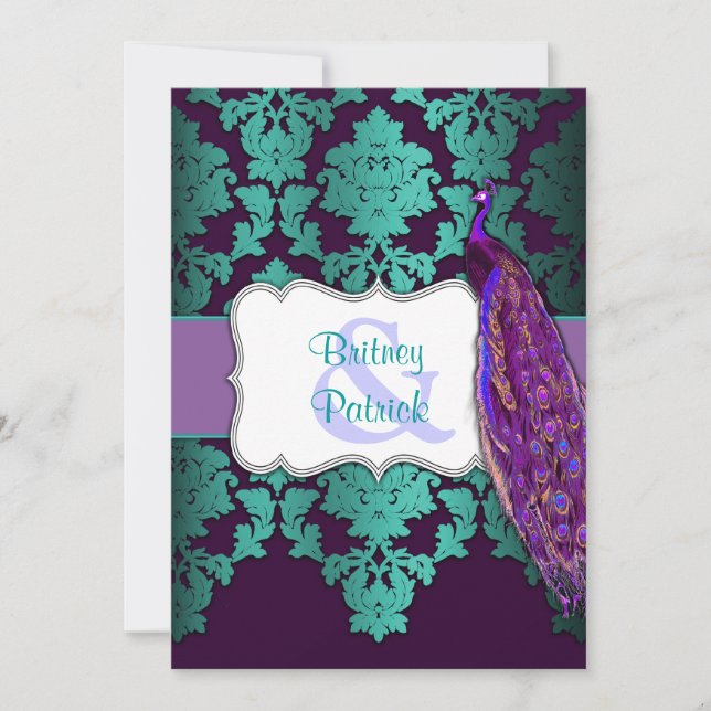 Purple Peacock & Teal Damask Wedding Invitations (Front)