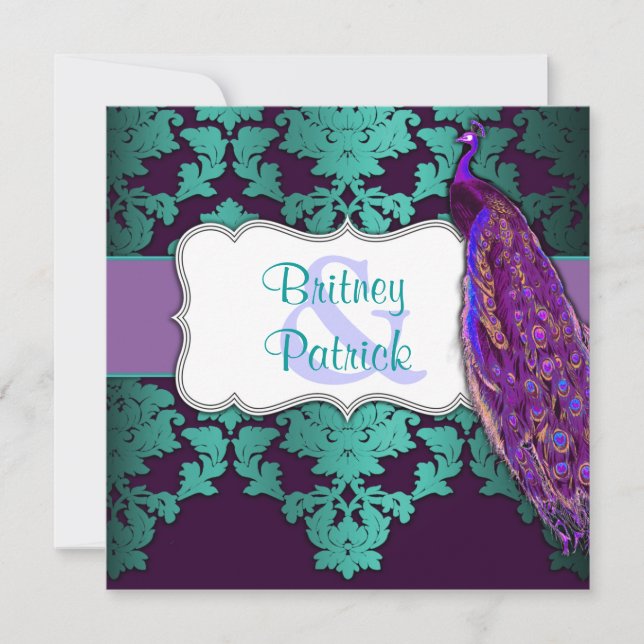 Purple Peacock & Teal Damask Wedding Invitations (Front)