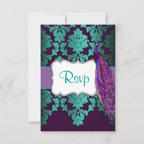 Purple Peacock  Teal Damask Wedding RSVP Cards
