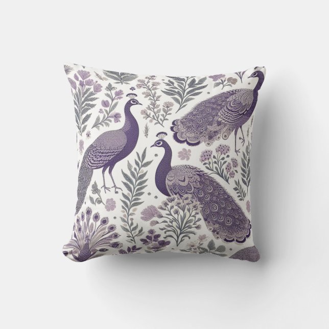 Purple Peacock Toile  Throw Pillow (Front)