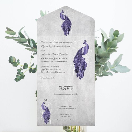 Purple Peacock Wedding All In One Invitation