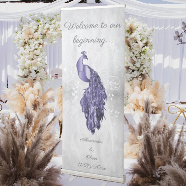 Purple Peacock Wedding Retractable Banner (Purple Peacock Wedding Welcome Banner)