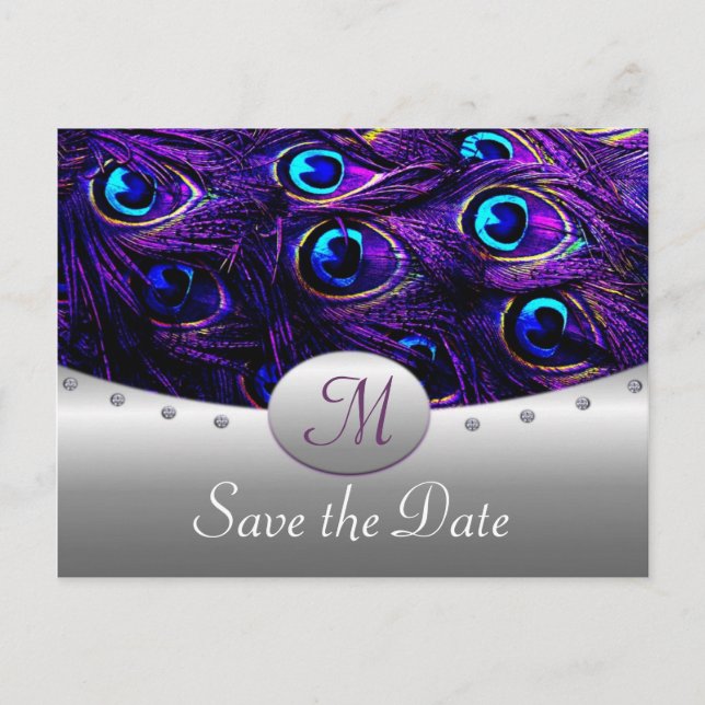 Purple Peacock Wedding Save the Date Cards (Front)