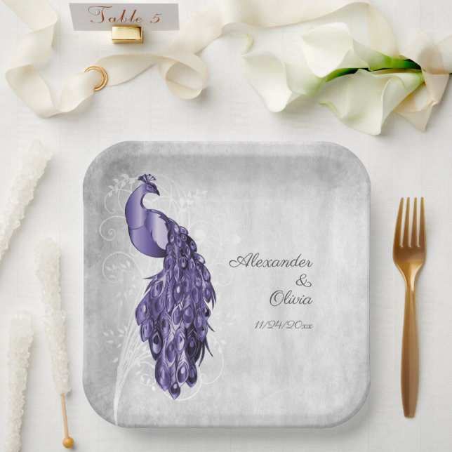 Purple Peacock Wedding Shower Paper Plates (Wedding)