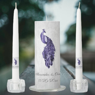 Purple Peacock Wedding Unity Candle Set