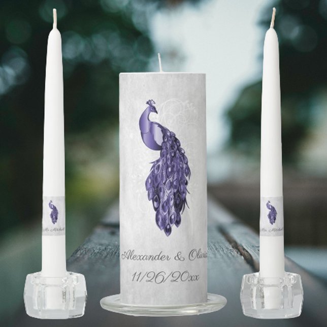 Purple Peacock Wedding Unity Candle Set (Purple Peacock Wedding Unity Candle Set)