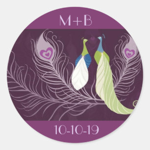 Purple Peacocks Pair Wedding Anniversary Custom Classic Round Sticker