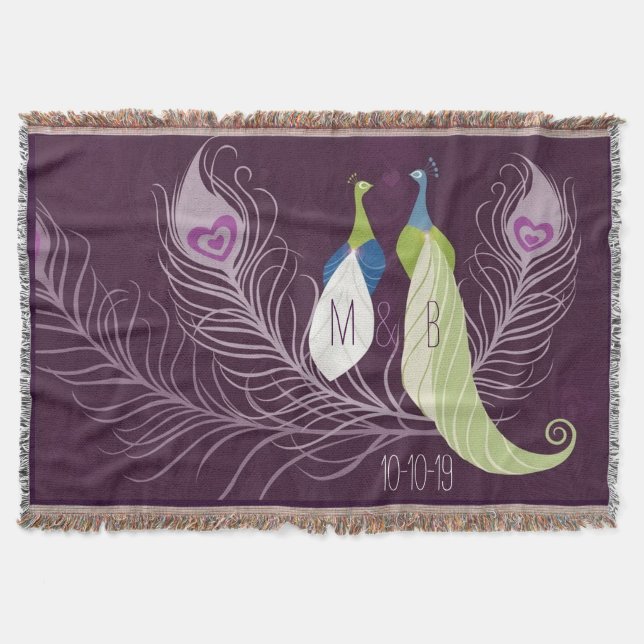 Purple Peacocks Pair Wedding Anniversary Custom Throw Blanket (Front)