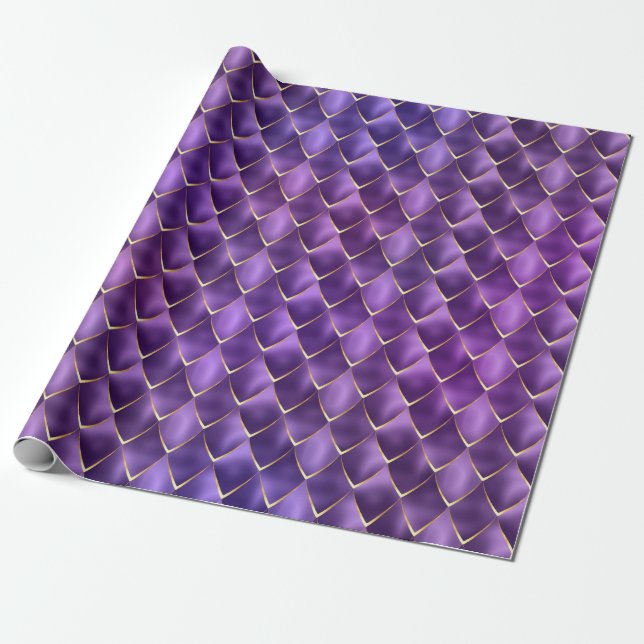 Purple Pearl Mermaid Dragon Scales Pattern Holiday Wrapping Paper (Unrolled)