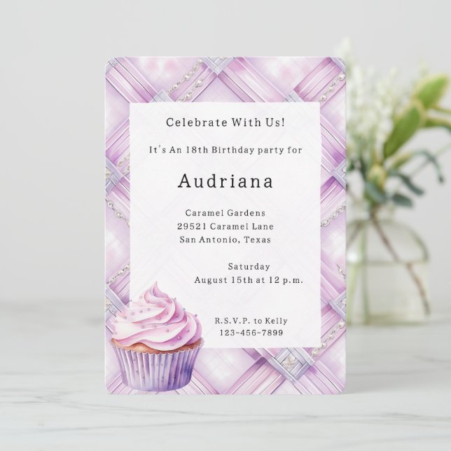Purple Pearl Pink Cupcake Birthday  Invitation (Standing Front)