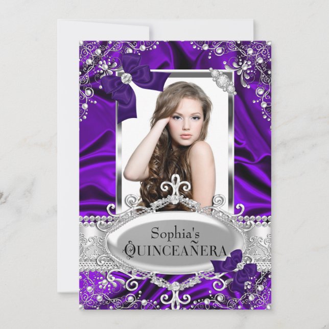 Purple Pearl & Silk Bow Glamour Quinceanera Invitation (Front)