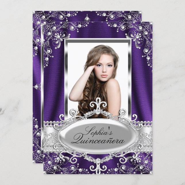 Purple Pearl Silk Vintage Glamour Quinceanera Invitation (Front/Back)