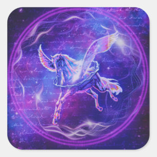Purple Pegasus   Neon Winged Horse Galaxy Art Square Sticker