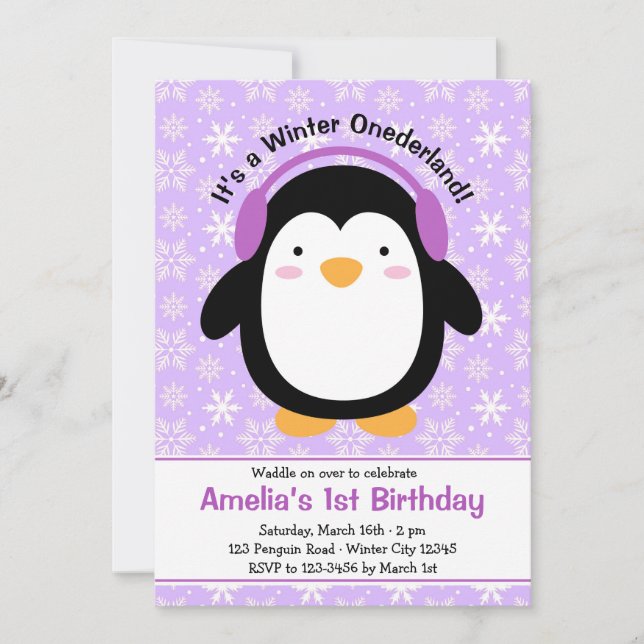 Purple Penguin Birthday Invitations (Girls) (Front)