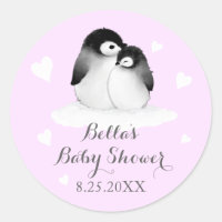 Purple Penguins Baby Shower Stickers